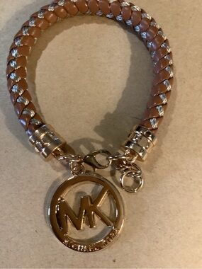 Tan and Gold Braided Leather Bracelet with Gold MK Charm